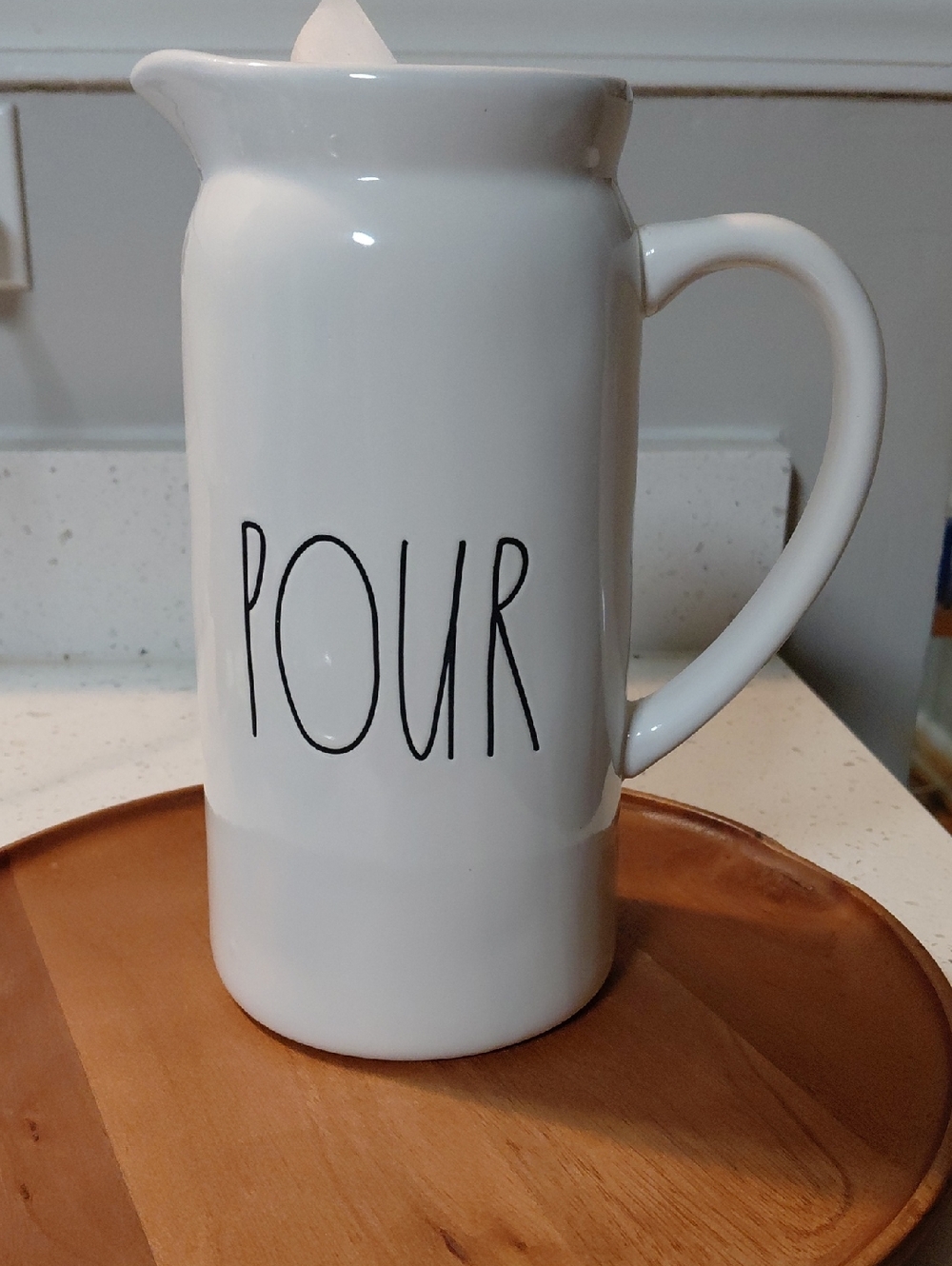 Rae Dunn White Ceramic Pitcher with 'POUR' Lettering